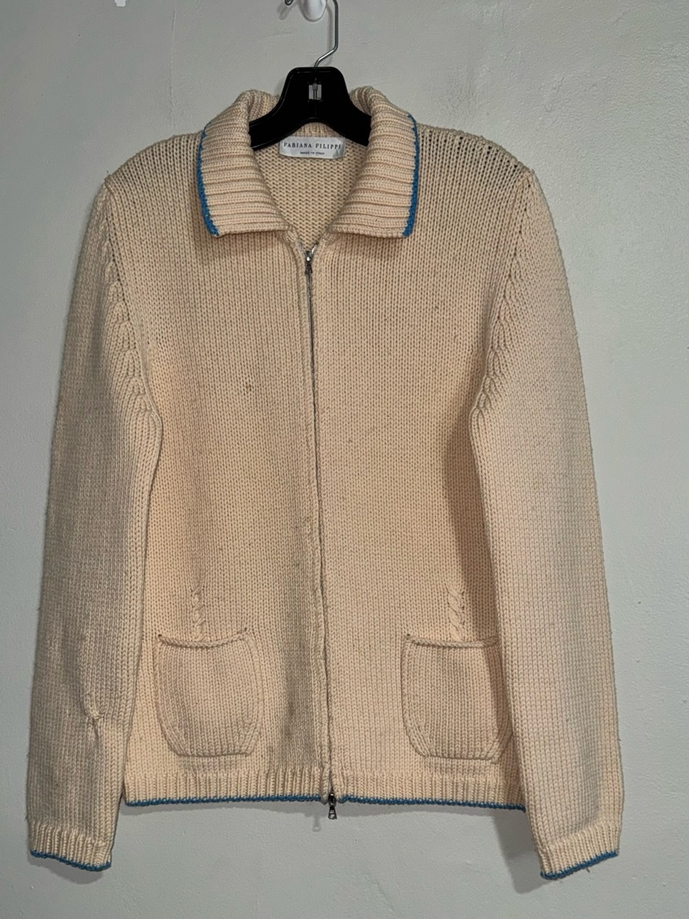 Fabiana Filippi Wool Cream Zip-Front Knit Cardigan with Blue Trim Accents
